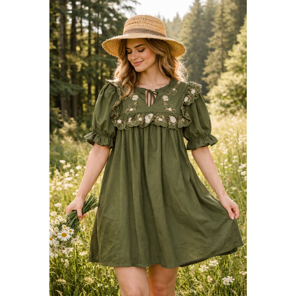 Sofie The Label Olive Green Embroidered Ruffle Prairie Dress XS Cottagecore Boho